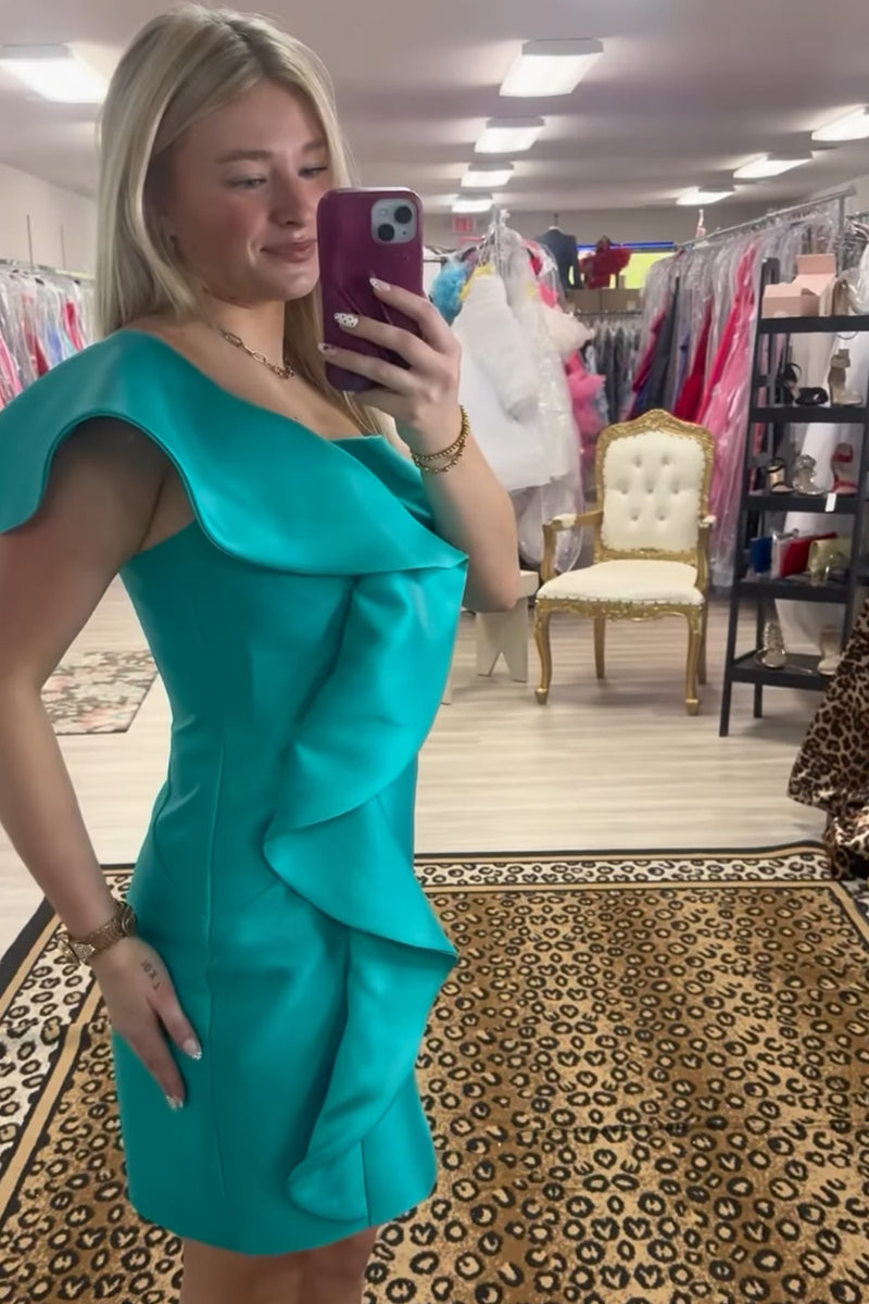 Load image into Gallery viewer, Peacock Green Tight One Shoulder Ruffled Short Homecoming Dress