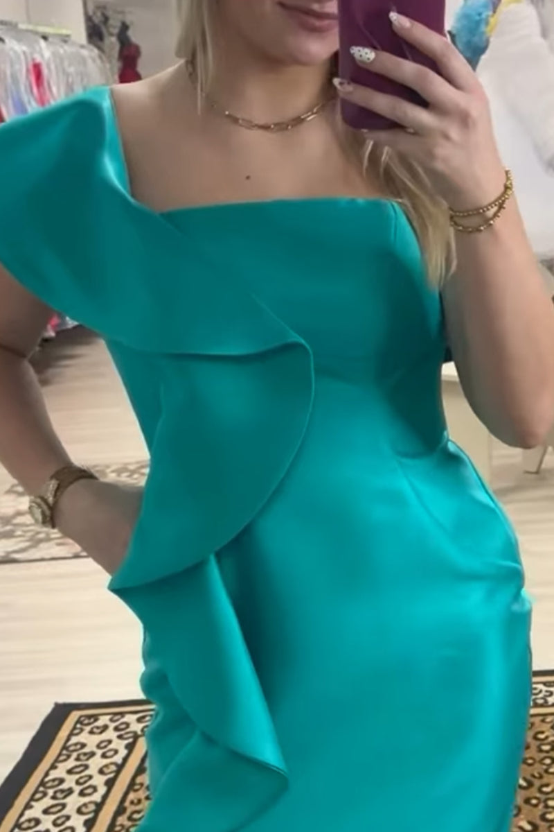Load image into Gallery viewer, Peacock Green Tight One Shoulder Ruffled Short Homecoming Dress