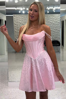 Load image into Gallery viewer, Pink Corset Off the Shoulder Pearls Short Homecoming Dress