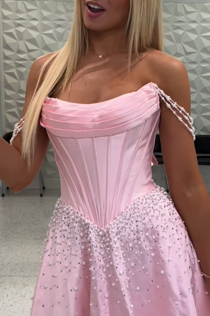 Load image into Gallery viewer, Pink Corset Off the Shoulder Pearls Short Homecoming Dress