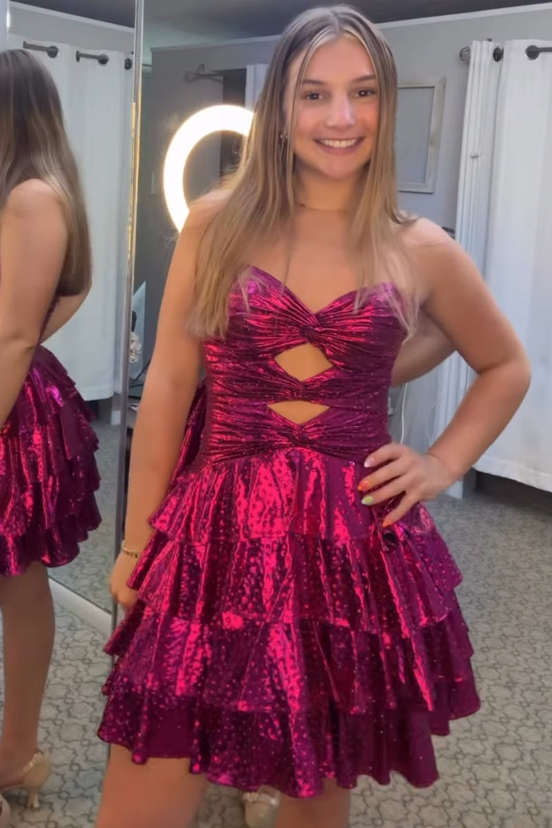 Load image into Gallery viewer, Fuchsia Strapless Cut Out Tiered Short Homecoming Dress with Beading