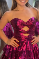 Load image into Gallery viewer, Fuchsia Strapless Cut Out Tiered Short Homecoming Dress with Beading