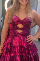 Load image into Gallery viewer, Fuchsia Strapless Cut Out Tiered Short Homecoming Dress with Beading
