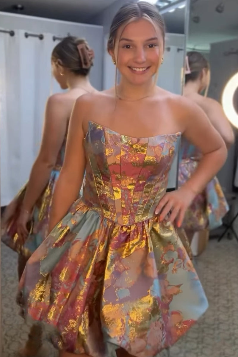 Load image into Gallery viewer, Green and  Gold Corset Strapless Short Bubble Homecoming Dress