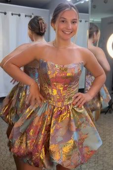 Green and  Gold Corset Strapless Short Bubble Homecoming Dress
