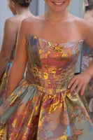 Load image into Gallery viewer, Green and  Gold Corset Strapless Short Bubble Homecoming Dress