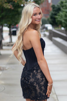 Black Corset Strapless Short Homecoming Dress with Lace