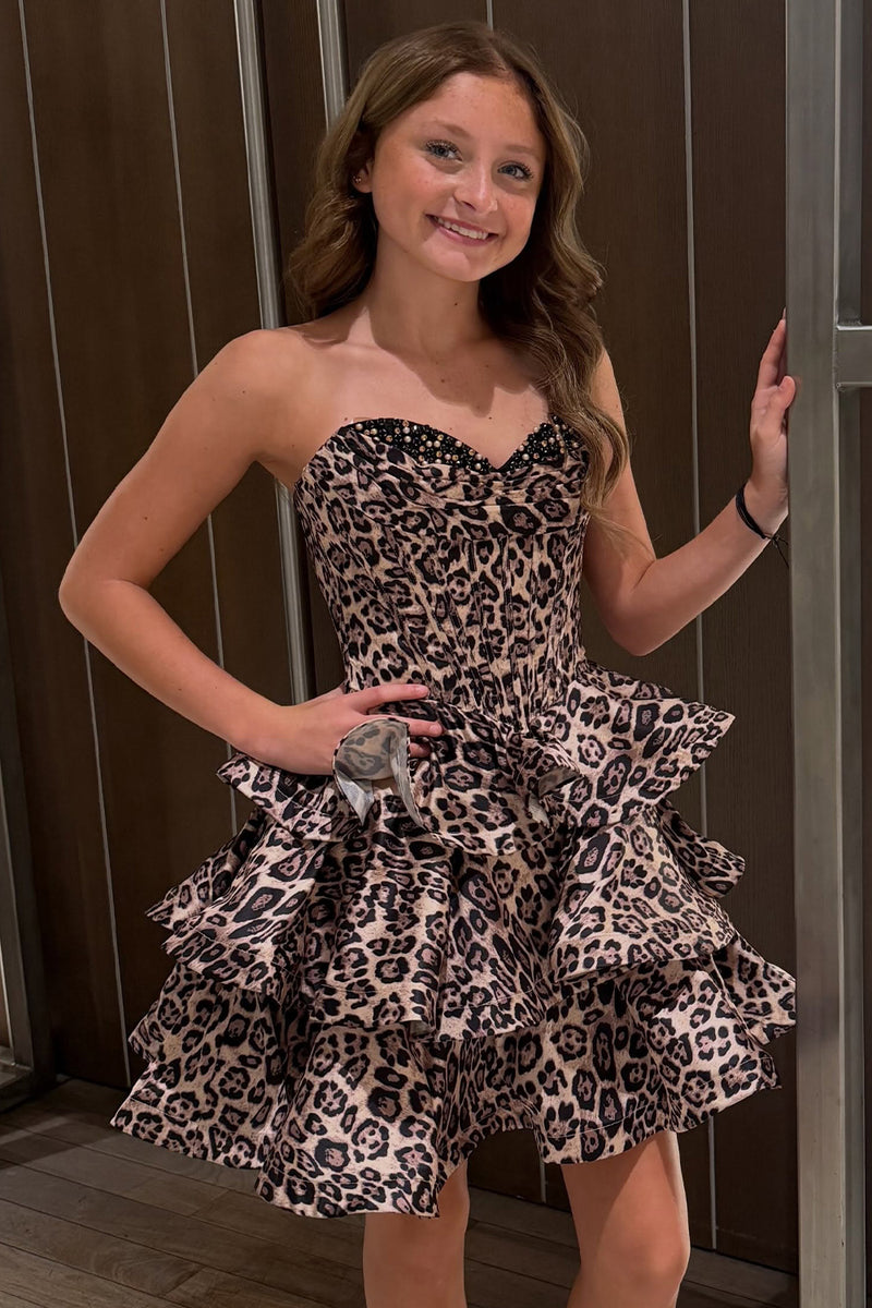 Load image into Gallery viewer, Brown Leopard Print Corset Strapless Tiered Short Homecoming Dress with Beading