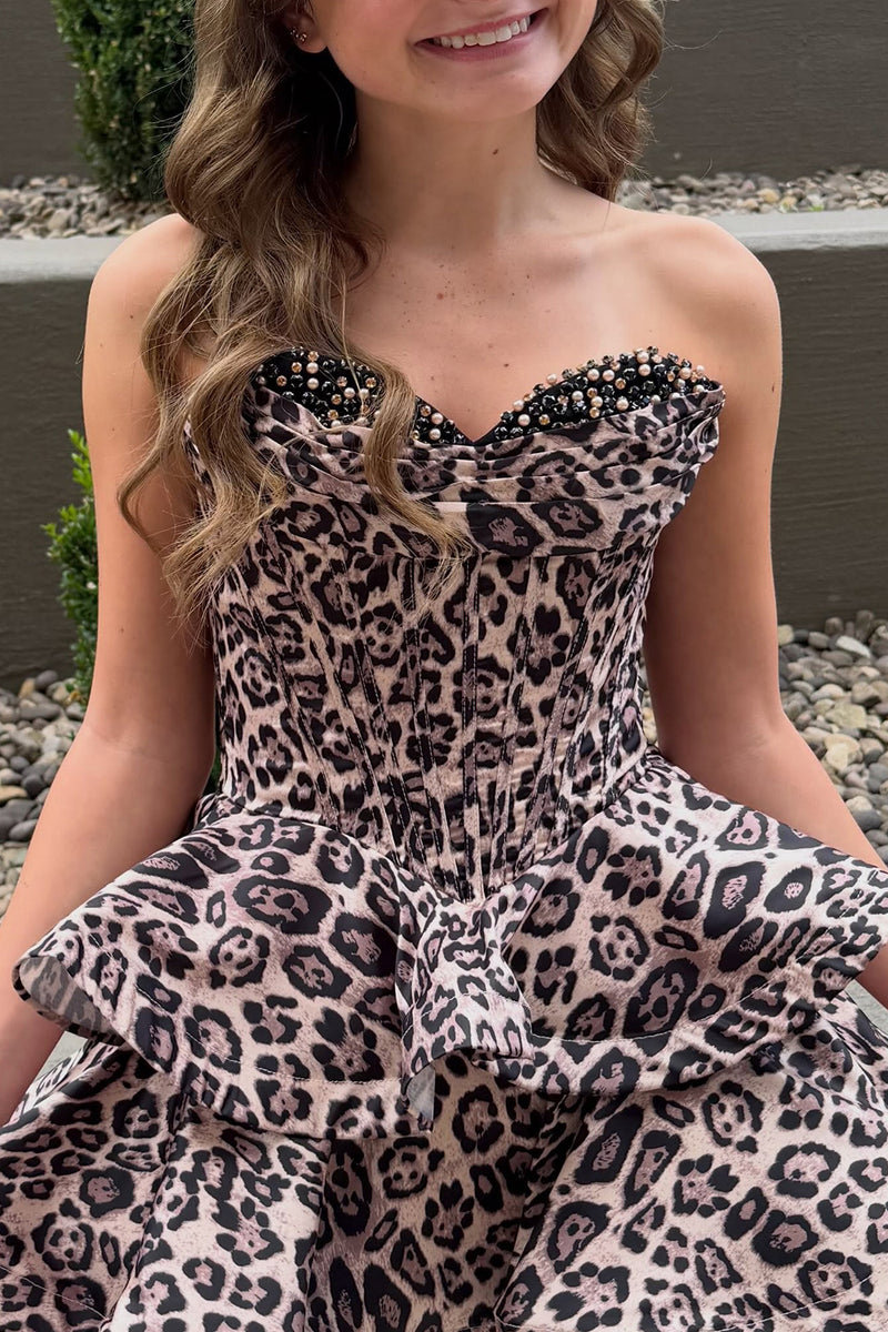 Load image into Gallery viewer, Brown Leopard Print Corset Strapless Tiered Short Homecoming Dress with Beading