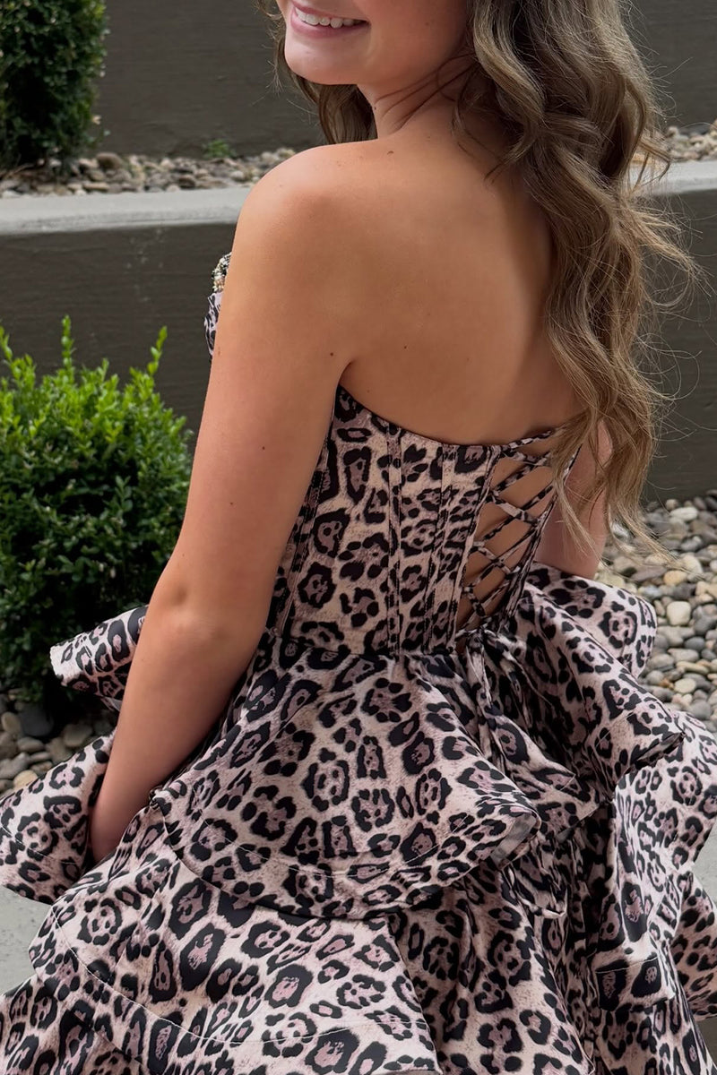 Load image into Gallery viewer, Brown Leopard Print Corset Strapless Tiered Short Homecoming Dress with Beading
