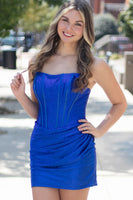 Load image into Gallery viewer, Royal Blue Corset Bodycon Strapless Ruched Short Homecoming Dress