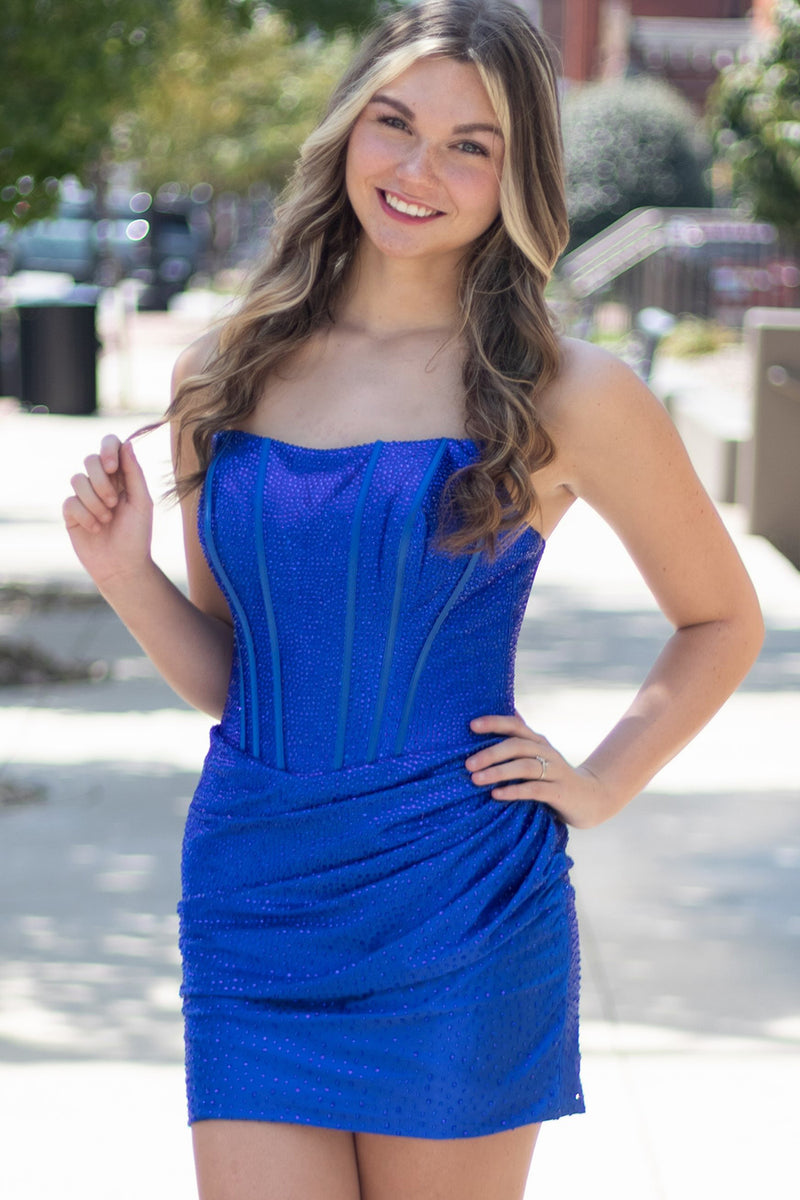 Load image into Gallery viewer, Royal Blue Corset Bodycon Strapless Ruched Short Homecoming Dress