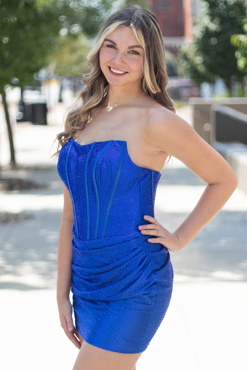 Load image into Gallery viewer, Royal Blue Corset Bodycon Strapless Ruched Short Homecoming Dress