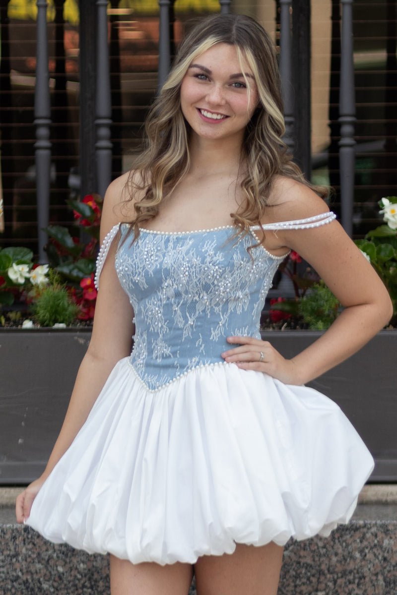 Load image into Gallery viewer, White and Blue Corset Short Homecoming Dress with Pearls