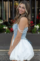 Load image into Gallery viewer, White and Blue Corset Short Homecoming Dress with Pearls