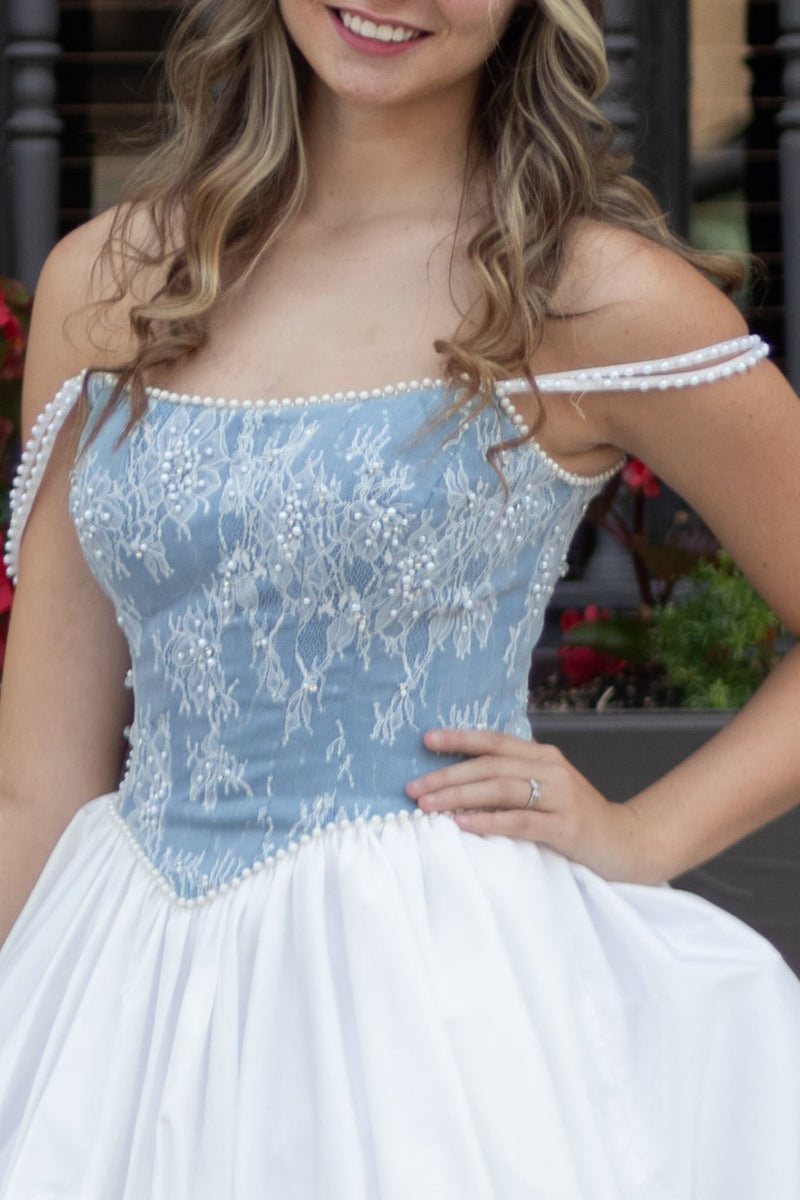 Load image into Gallery viewer, White and Blue Corset Short Homecoming Dress with Pearls