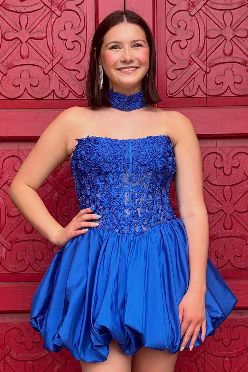 Load image into Gallery viewer, Royal Blue Corset Strapless Short Bubble Homecoming Dress with Lace