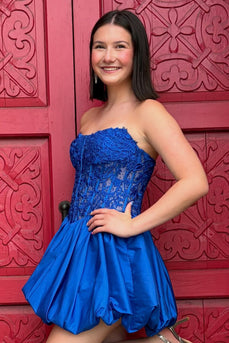 Royal Blue Corset Strapless Short Bubble Homecoming Dress with Lace