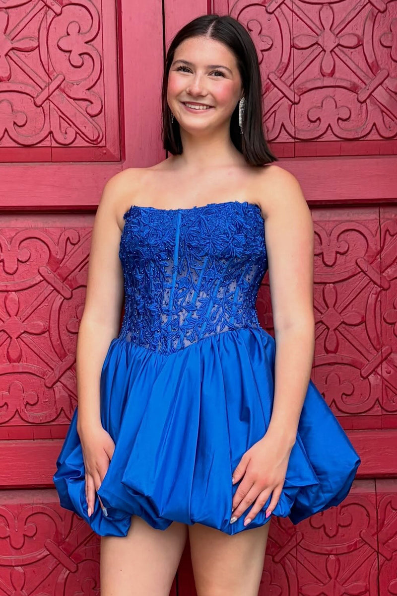 Load image into Gallery viewer, Royal Blue Corset Strapless Short Bubble Homecoming Dress with Lace