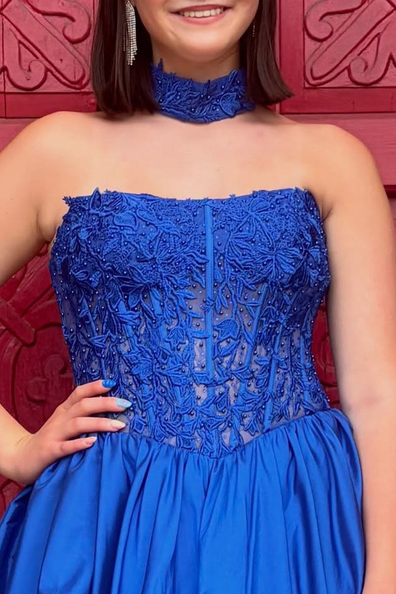 Load image into Gallery viewer, Royal Blue Corset Strapless Short Bubble Homecoming Dress with Lace