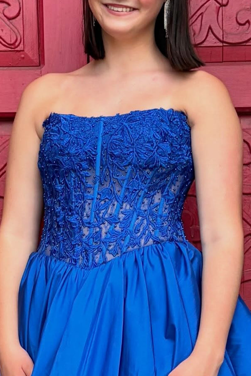 Load image into Gallery viewer, Royal Blue Corset Strapless Short Bubble Homecoming Dress with Lace