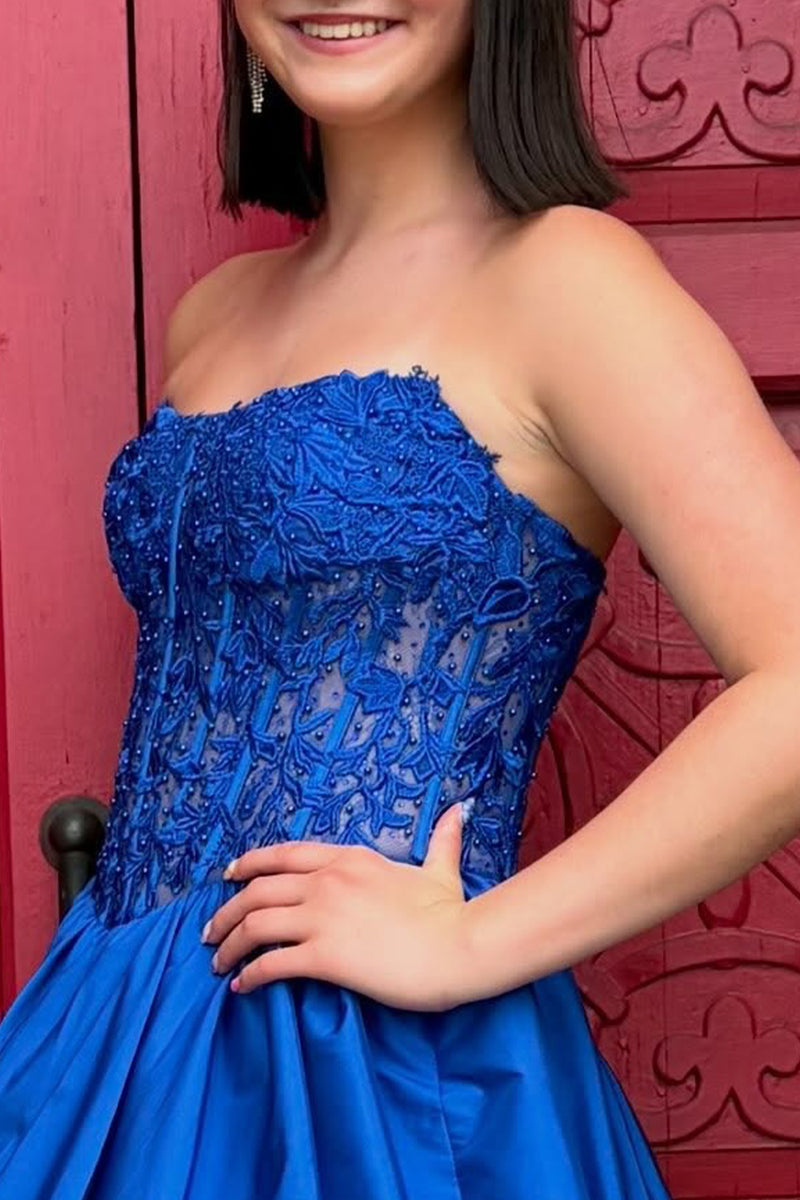Load image into Gallery viewer, Royal Blue Corset Strapless Short Bubble Homecoming Dress with Lace