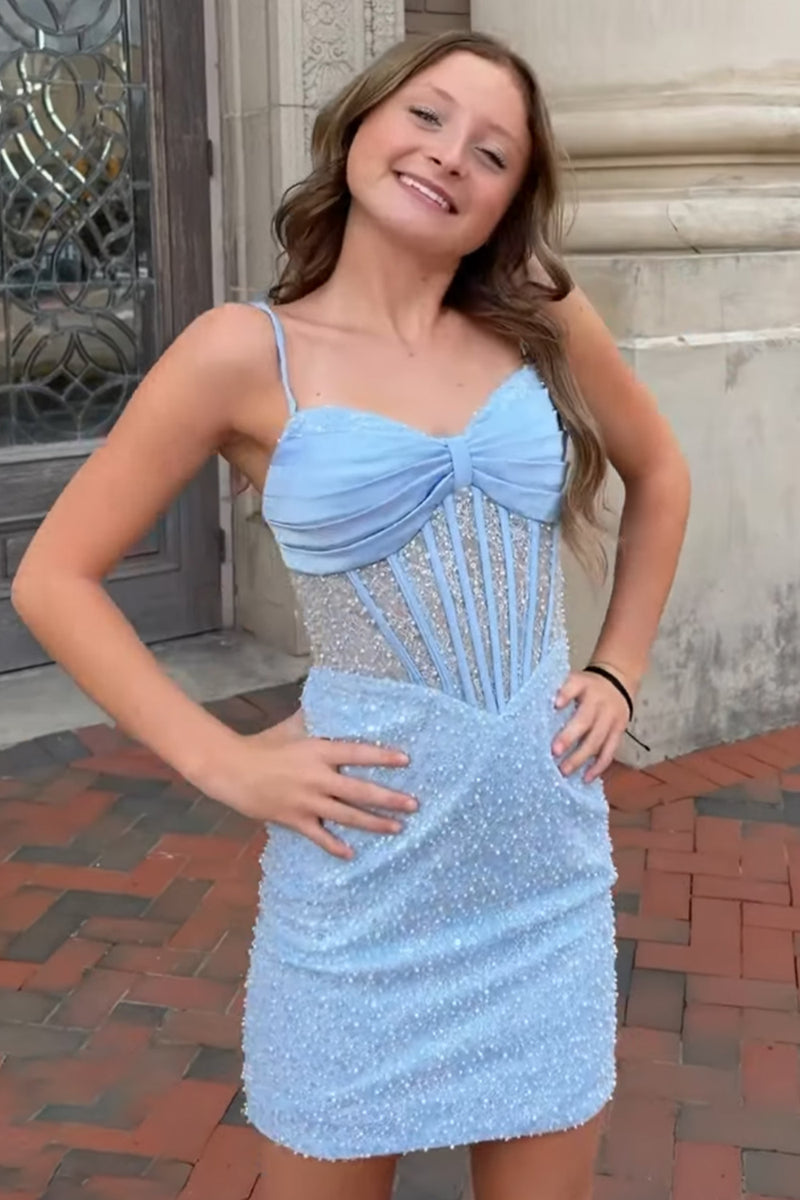 Load image into Gallery viewer, Light Blue Corset Bodycon Spaghetti Straps Short Homecoming Dress with Beading