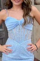 Load image into Gallery viewer, Light Blue Corset Bodycon Spaghetti Straps Short Homecoming Dress with Beading