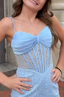 Load image into Gallery viewer, Light Blue Corset Bodycon Spaghetti Straps Short Homecoming Dress with Beading