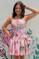 Load image into Gallery viewer, Pink Strapless A-Line Floral Short Homecoming Dress with Bow