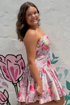 Pink Strapless A-Line Floral Short Homecoming Dress with Bow