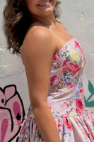 Load image into Gallery viewer, Pink Strapless A-Line Floral Short Homecoming Dress with Bow