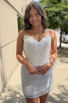 White Corset Bodycon Strapless Short Homecoming Dress with Pearls