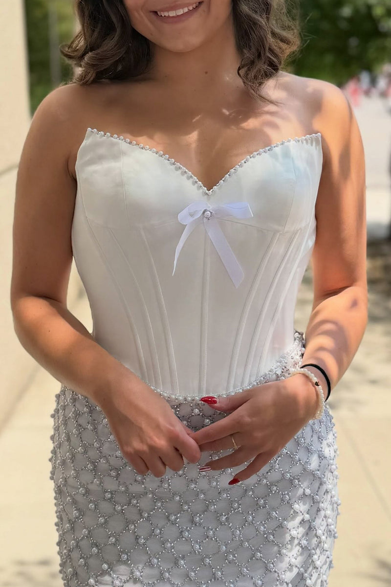 Load image into Gallery viewer, White Corset Bodycon Strapless Short Homecoming Dress with Pearls