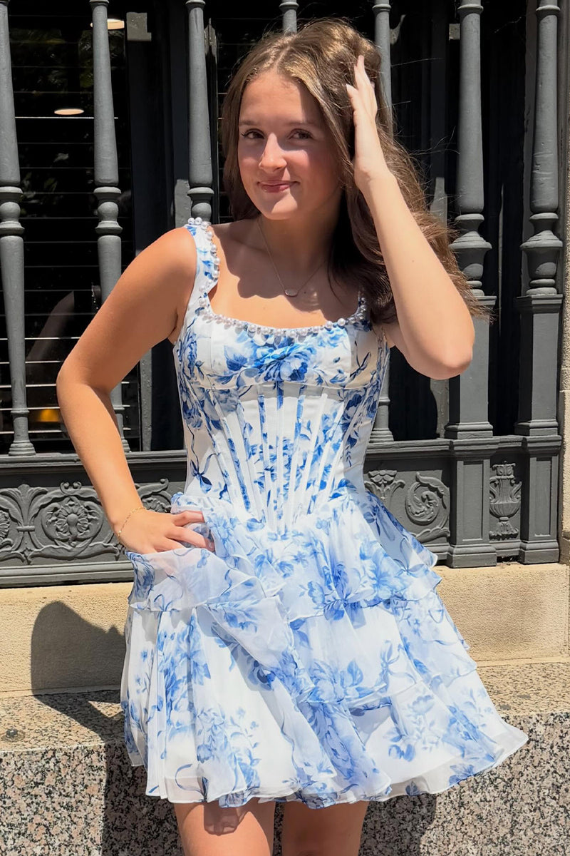 Load image into Gallery viewer, Blue Corset Square Neck Tiered Short Homecoming Dress with Pearls