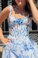 Load image into Gallery viewer, Blue Corset Square Neck Tiered Short Homecoming Dress with Pearls