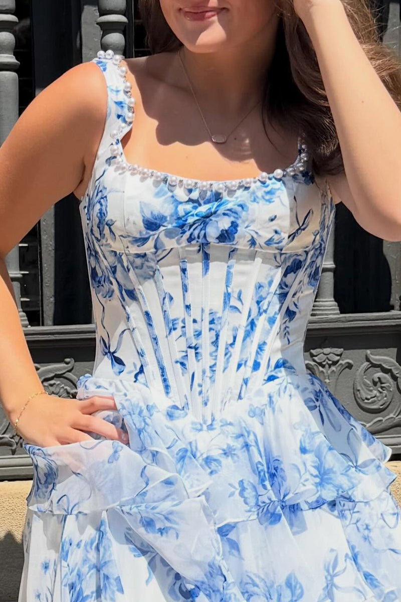 Load image into Gallery viewer, Blue Corset Square Neck Tiered Short Homecoming Dress with Pearls