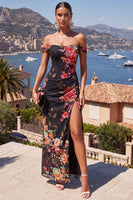 Load image into Gallery viewer, Black Red Flower Ruched Mermaid Long Formal Dress with Slit