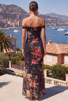 Load image into Gallery viewer, Black Red Flower Ruched Mermaid Long Formal Dress with Slit