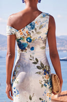 Load image into Gallery viewer, White Blue Flower Ruched Sheath Long Formal Dress