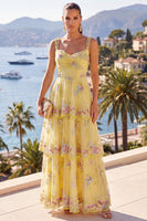 Load image into Gallery viewer, Sparkly Yellow Floral Beaded A Line Maxi Formal Dress