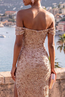 Load image into Gallery viewer, Sparkly Champagne Beaded Sheath Long Formal Dress with Slit