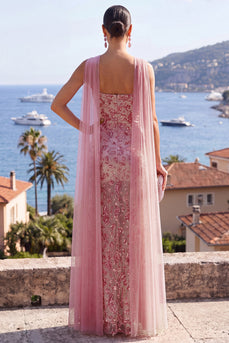 Sparkly Dusty Rose Beaded Sheath Long Formal Dress with Cape