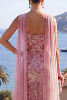 Load image into Gallery viewer, Sparkly Dusty Rose Beaded Sheath Long Formal Dress with Cape