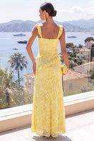 Load image into Gallery viewer, Butter Yellow Floral Ruffled Maxi Mermaid Formal Dress with Slit
