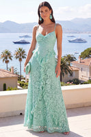 Load image into Gallery viewer, Mint Floral A Line Spaghetti Straps Maxi Formal Dress with Ruffles