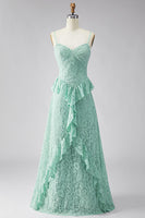Load image into Gallery viewer, Mint Floral A Line Spaghetti Straps Maxi Formal Dress with Ruffles