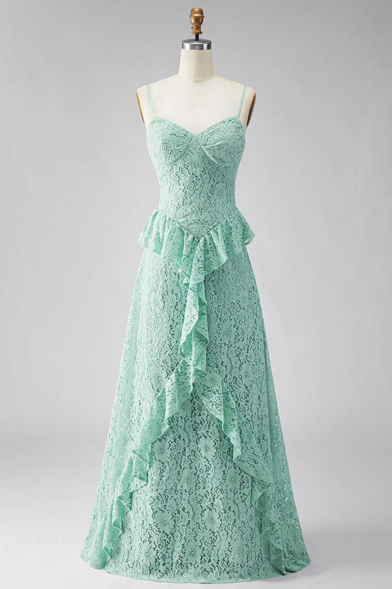 Load image into Gallery viewer, Mint Floral A Line Spaghetti Straps Maxi Formal Dress with Ruffles