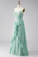 Load image into Gallery viewer, Mint Floral A Line Spaghetti Straps Maxi Formal Dress with Ruffles