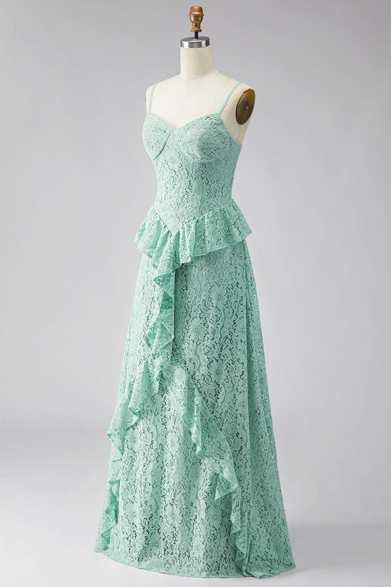 Load image into Gallery viewer, Mint Floral A Line Spaghetti Straps Maxi Formal Dress with Ruffles